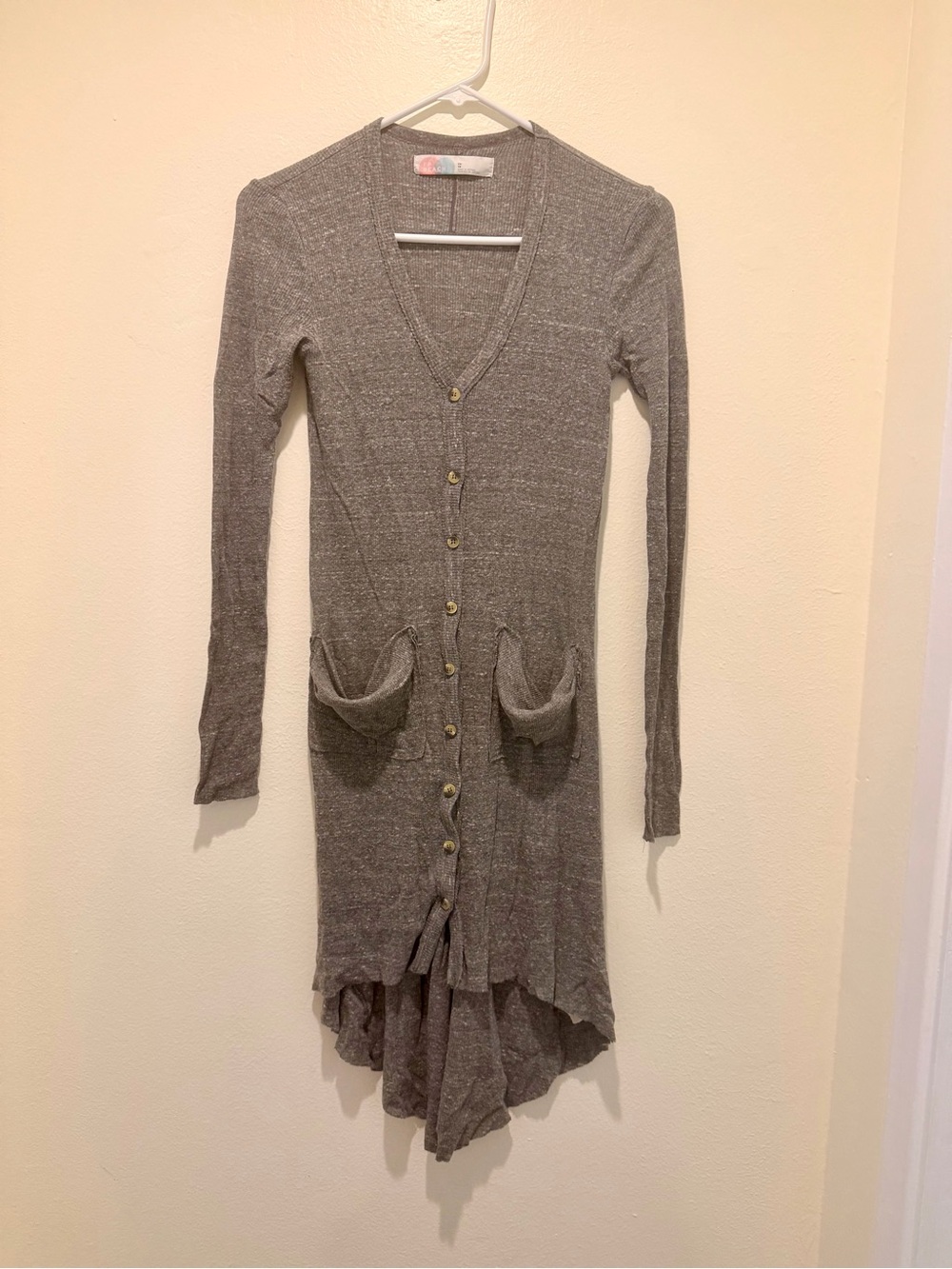 Free People Long Sleeve V-Neck Gray Knit Dress/Cardigan with Button Front